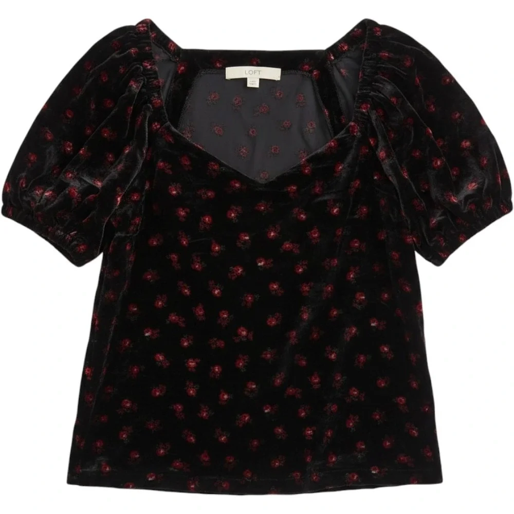 LOFT Velvet Puff Sleeve Blouse Womens XS‎ Black Red Floral Sweetheart Neck Top